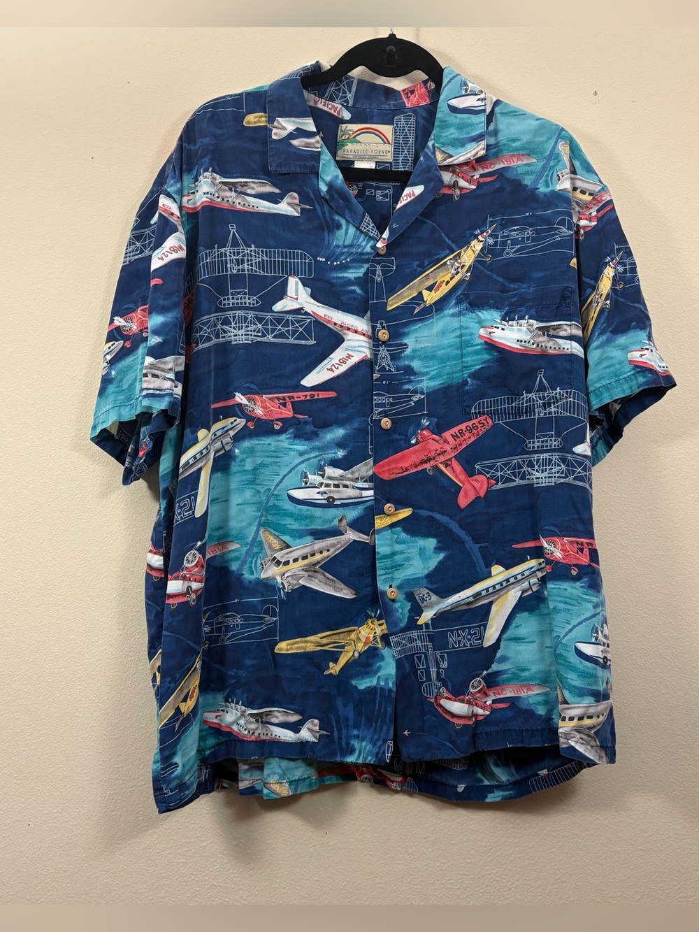 Vintage Paradise Found Hawaiian Shirt Blue airplanes mens XL planes historic